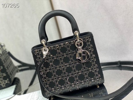 Dior Bolso Lady Dior de 24CM de Cristal Adornado Cannage Negro Satinado