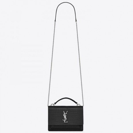 Saint Laurent la comisión de la mujer de la puesta de sol en la Cadena de Cartera Negra de Cocodrilo en Relieve de Cuero