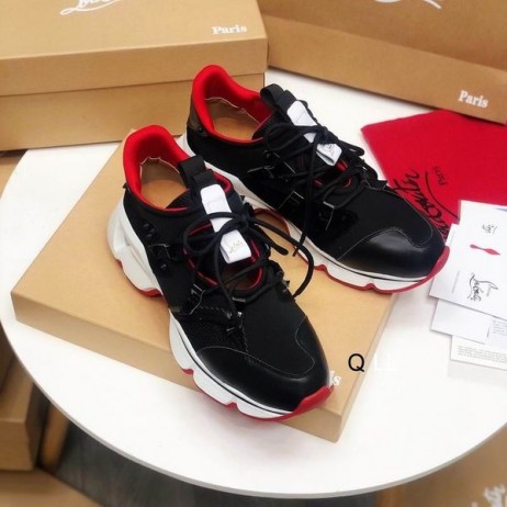 Christian Louboutin De Color Rojo Corredor Plano De Las Zapatillas De Deporte De La Pantorrilla De Neopreno Negro