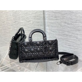 Dior Lady D-Alegría Bolsa Negra Cannage De Piel De Becerro De Diamante Motivo