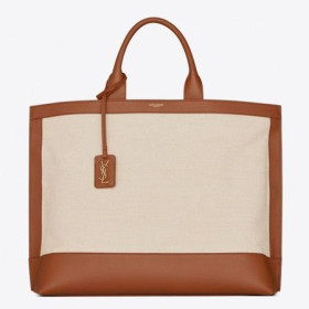 Saint Laurent De La Etiqueta De La Bolsa De Compras De La Lona De Cuero Marrón Saint Laurent Bolsas
