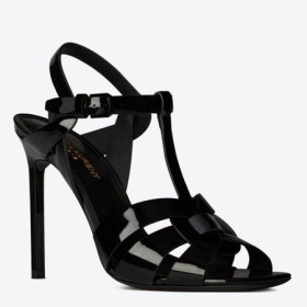 Saint Laurent Homenaje Sandalias De Tacón En Charol Negro De Saint Laurent Sandalias