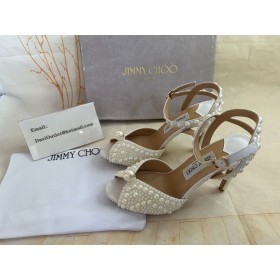 Jimmy Choo Sacora 100mm de Raso Blanco Sandalias con Todo de Perlas