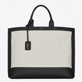 Saint Laurent De La Etiqueta De La Bolsa De Compras De La Lona De Cuero Negro De Saint Laurent Bolsas