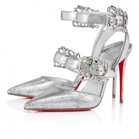 Christian Louboutin Giddylina 100 Mm Strappy Čerpadla Manoir Laminované Telecí Kůže Stříbro