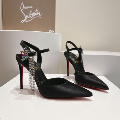 Christian Louboutin Goldina Déšť 100mm Čerpadla Crystal Spony Zdobí Saténová Černá