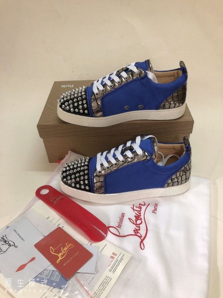 Christian Louboutin Louis Junior Spike Nízké Tenisky Kůže a Veau Velur Modrý