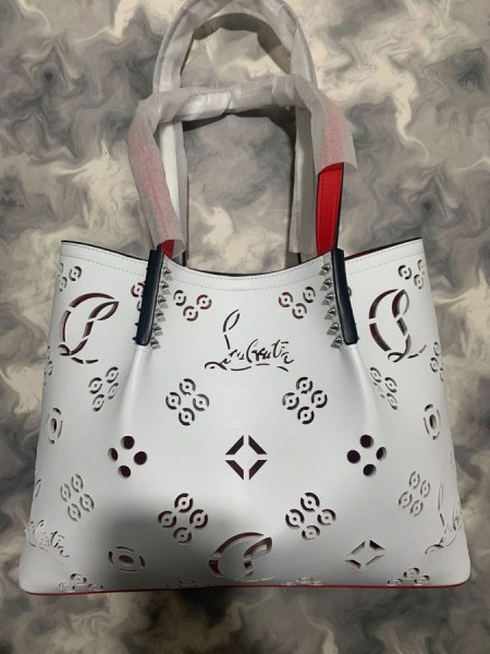 Christian Louboutin Cabarock Pigge Tote Glat Kalveskind Loubinthesky Perforeret Hvid