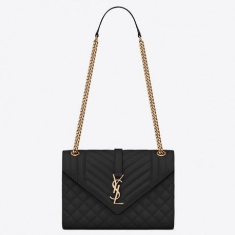 Saint Laurent Medium Kuvert Taske Sort Kornet Læder