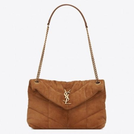 Saint Laurent Loulou Puffer Lille Taske Brown Suede Saint Laurent Læder Tasker
