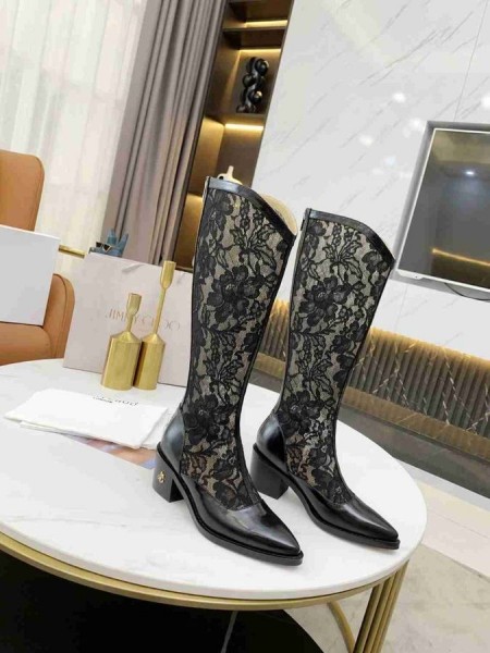 Jimmy Choo Knæ Boot 50mm JC Emblem Mesh, Læder Sort