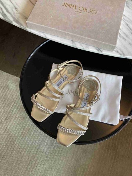 Jimmy Choo Meira Guld Læder Sandaler Crystal Udsmykning