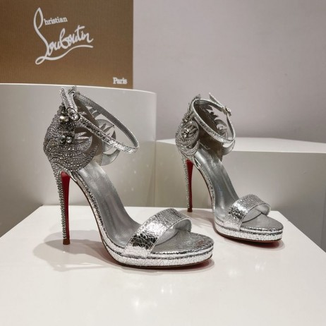 Christian Louboutin Loubi Vega Sandaler 120mm Krystaller Patent Læder Sølv