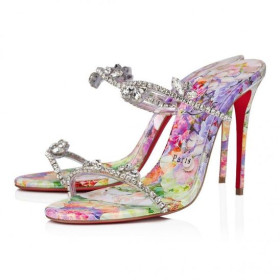 Christian Louboutin Bare Queen 100mm Muldyr Pvc Og Kalv Læder Blomstrende Print Flerfarvet CL Sko