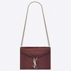 Saint Laurent Kassandra-Lås Pose Bordeaux Croc-Prægede Læder
