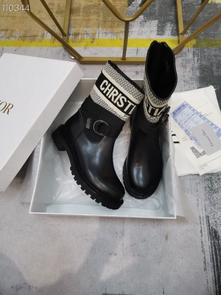 Dior D-Groot Enkellaars Stof Beige Zwart Kalfsleer