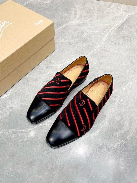 Christian Louboutin Mannen Loafers Stripe Logo Borduren Fluweel Zwart Rood