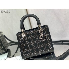 Dior Lady Dior Tas 24CM Kristal Versierd Cannage Satijn Zwart