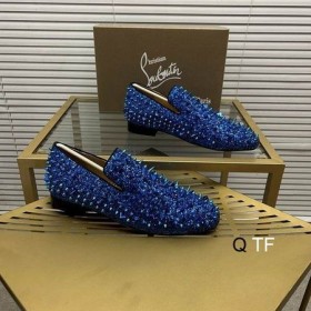 Christian Louboutin Spike Strass Steentjes Loafers Royal Blue Velvet