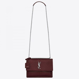 Saint Laurent Zonsondergang Middelgrote Tas Bordeaux Krokodil Reliëf Leer