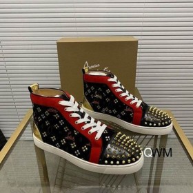 Christian Louboutin Lou Spikes High Top Sneakers Suede en Leer Zwart