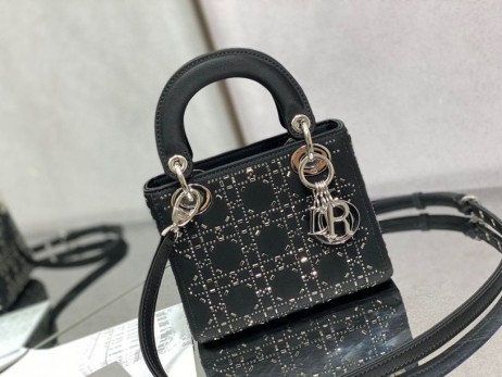 Dior Lady Dior Laukku 17CM Kristalli Koristellut Cannage Satiini Musta