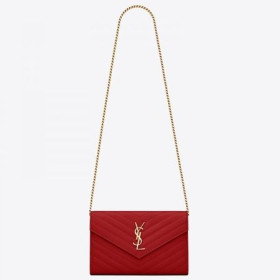 Saint Laurent WOC Monogrammi Lompakko Ketju Punainen Nahka