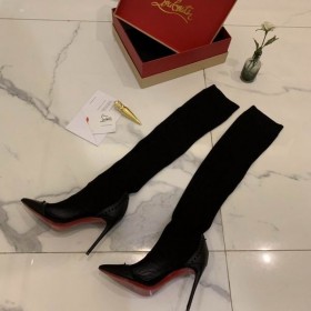 Christian Louboutin Dovi Döva Sukka Tossut 100mm Polvi-korkeat Saappaat Neuloa Kangas ja Nahka Musta
