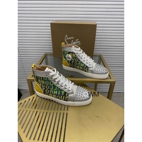 Christian Louboutin Louis Spike Korkea-top Lenkkarit Mokka ja Mesh Leikattu Kimmelsi Logo-Print Kangas