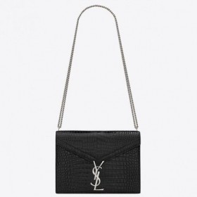 Saint Laurent Cassandra Lukko Pussi Musta Croc-Kohokuvioitu Nahka