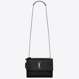 Saint Laurent Sunset Keskikokoinen Laukku Musta Crocodile Kohokuvioitu Nahka