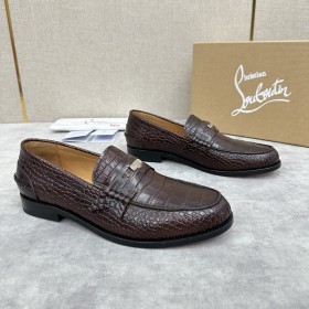 Christian Louboutin Penny Loafers Embossed Calf Leather Coffee
