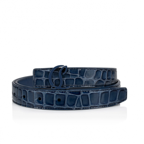 Christian Louboutin Cl Logo Femmes Ceinture 25mm Alligator-Relief en Cuir de Veau Bleu