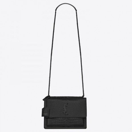 Saint Laurent Coucher De Soleil Medium Sac Noir En Cuir De Crocodile En Relief