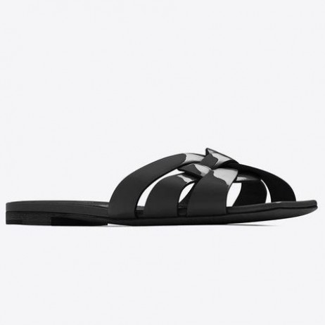 Saint Laurent Tribute Diapositives En Cuir Verni Noir Saint Laurent Chaussures