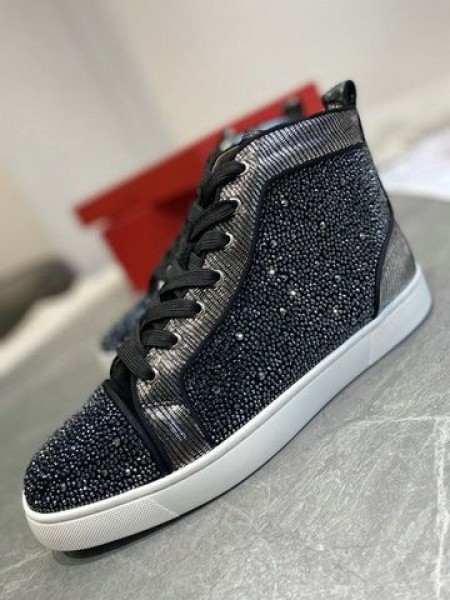 Christian Louboutin Louis Strass High-Top Sneakers en Cuir et Strass Noir