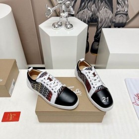 Christian Louboutin Louis Junior Orlato Flat Sneakers En Cuir Nappa Raphia Bistrot Multicolore