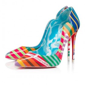 Christian Louboutin Pompes de Poussin Chaud 100 mm Multi/lin Bleu-blanc en cuir verni