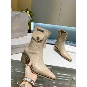 Jimmy Choo 50mm Cheville Bottines de Crocodile en Relief Logo en Cuir Beige