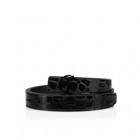 Christian Louboutin Cl Logo Ceinture De Femmes Crocodile En Relief En Cuir De Veau Noir