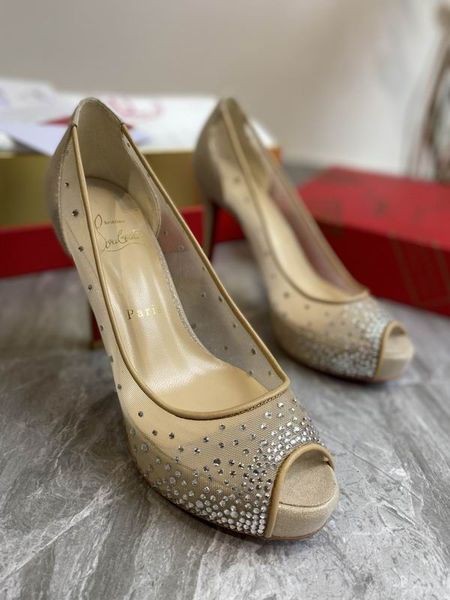 Christian Louboutin Sehr Strass Peep Toe Pumps 120mm Mesh-und Leder-Gold