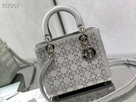 Dior Lady Dior Tasche 24CM Kristall Verziert Cannage Satin-Silber