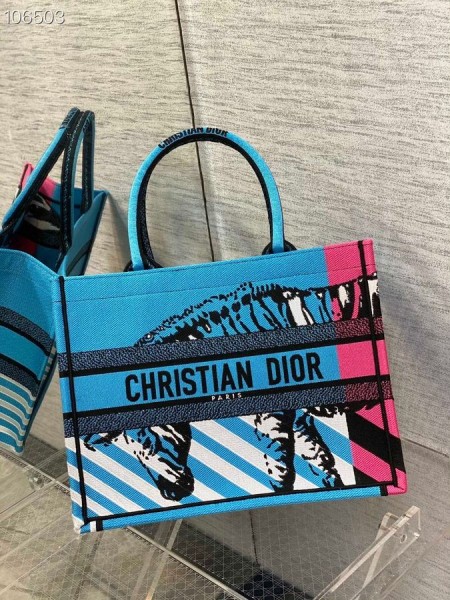 Dior Medium Buch Tote-Tasche Blau D-Dschungel Pop-Stickerei