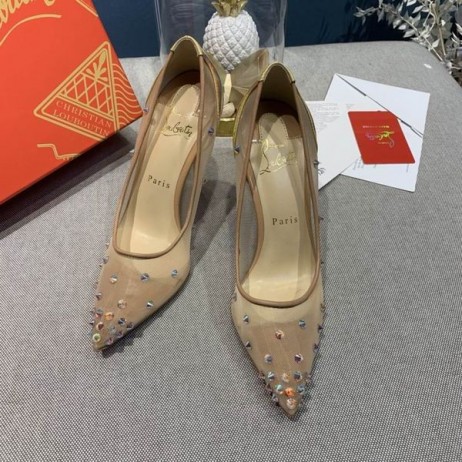 Christian Louboutin Degrastrass 100mm Crystal Spike-Embellished Pumps Mesh Nude