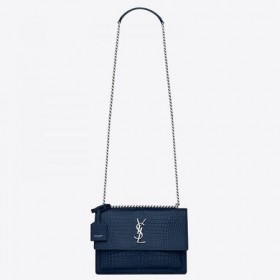 Saint Laurent Sunset Medium Bag Blau-Krokodil Geprägtes Leder