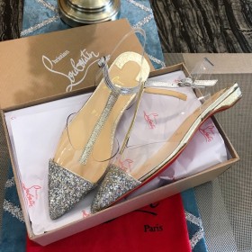 Christian Louboutin Nosy T-Strap Flat Sandals Coarse Glitter and PVC Silver