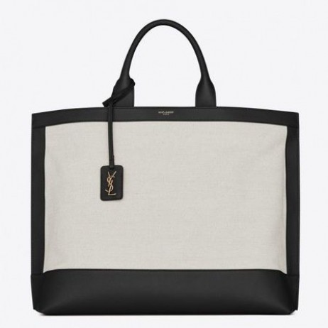 Saint Laurent Ετικέτα Τσάντα Αγορών Καμβά Μαύρο Δέρμα Saint Laurent Τσάντες