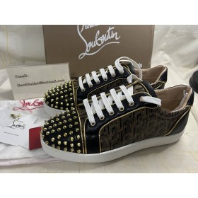 Christian Louboutin Louis Junior Spikes Sneakers CL Jacquard Calf Leather Multi